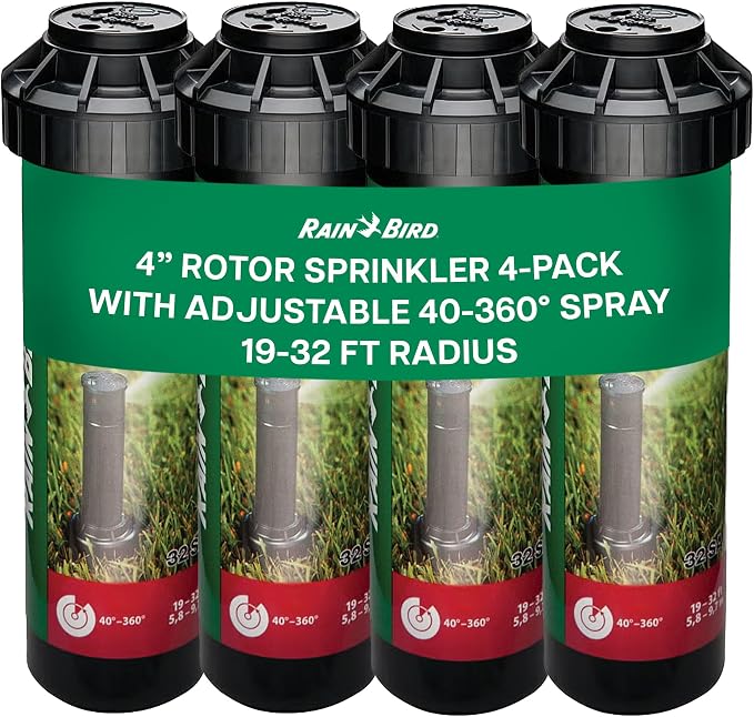 Rain Bird 32SA Simple Adjust Gear Driven Rotor Sprinkler Head, 4 Pack - with 1/2 inch Inlet - Water Efficient 4 inch Pop Up Lawn Sprinkler, Adjustable 40-360 Degree Spray Arc and 19-32 ft Radius