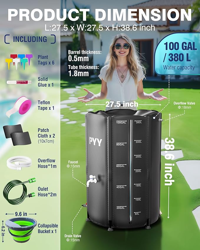 PYY Rain Water Collection Barrel - 100 Gallon Black Large Water Storage Tank with Spigots, Portable Rain Catcher to Collect Rainwater from Gutter, Plastic Rain Catchment System with Collapsible Bucket