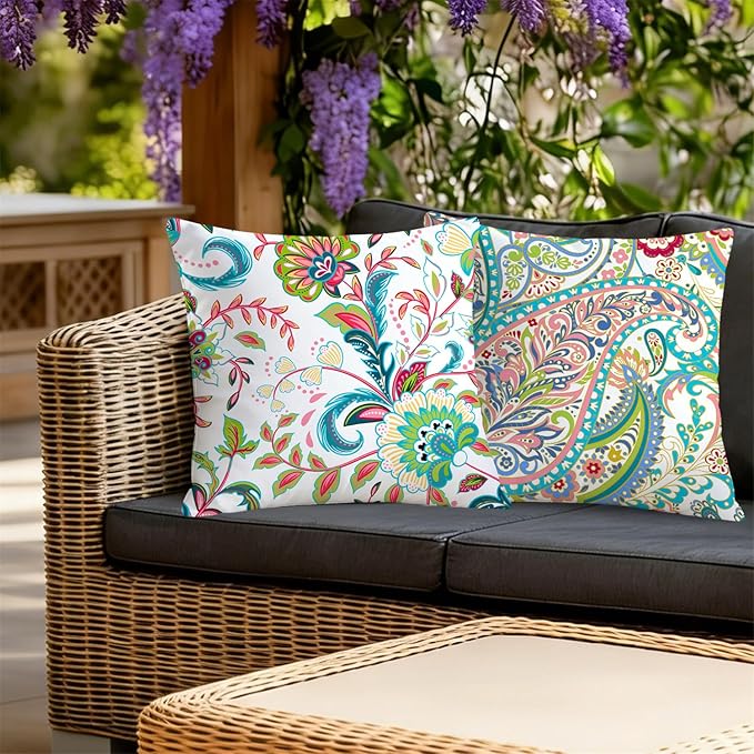 NIGHTWISH Outdoor Waterproof Pillow Covers 20x20 Set of 4 Spring Summer Floral Boho Decorative Outdoor Throw Pillows Paisley Cushion Cases for Patio Furniture Bench Couch Sunbrella