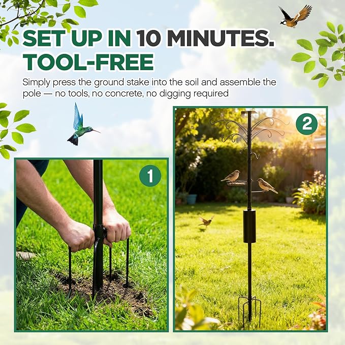 Yaocom 9.8ft Raccoon Proof Bird Feeder Pole with 18 Inch Arms Squirrel Baffle Heavy Duty Backyard Feeding System Supports up to 25 Lbs for Garden Bird Lovers, Compatible with Brome Feeders
