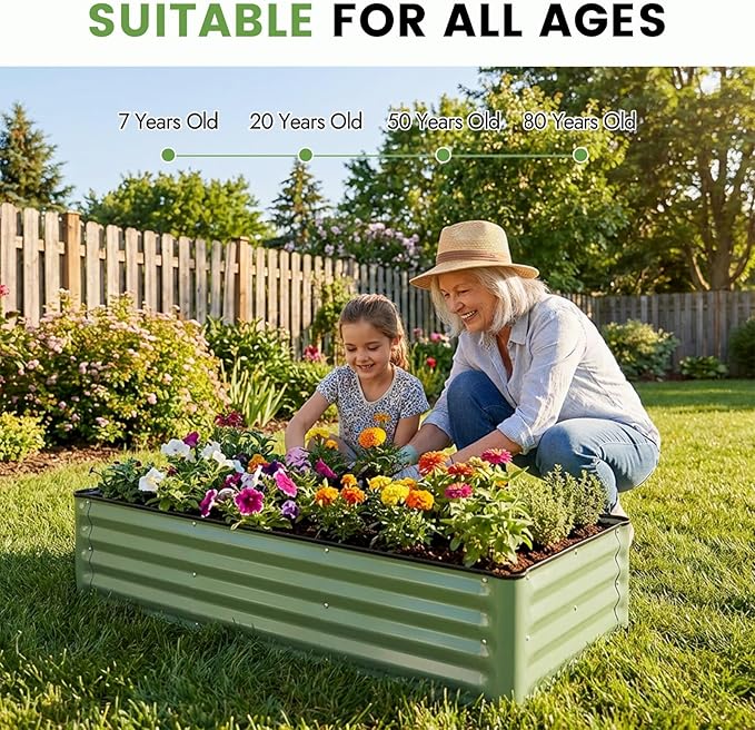 INNO STAGE Galvanized Raised Garden Bed Kits, 4x2x1ft Metal Raised Garden Beds Outdoor, Steel Raised Planter Bed with Gloves for Vegetables & Flowers Patio Ground Planter Box (Olive Green, 1PC)