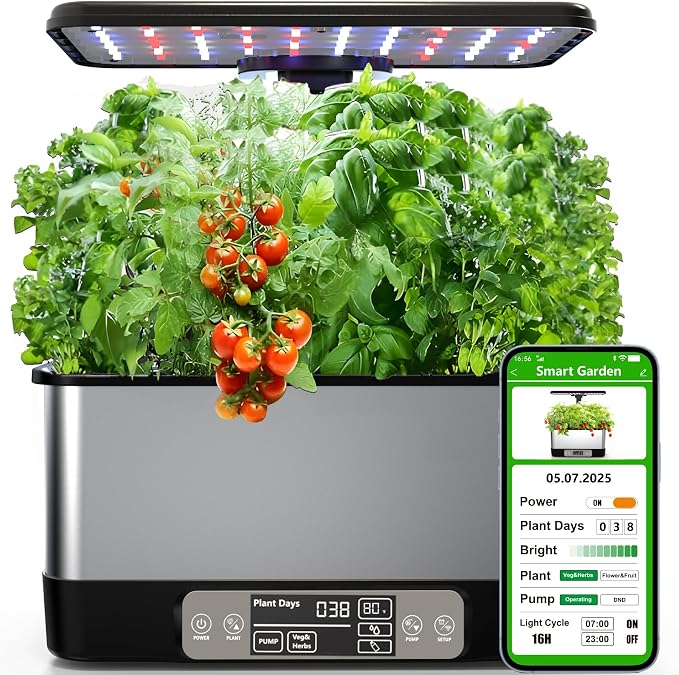 Hydroponics Growing System Indoor Garden, Smart Indoor Herb Garden with Grow Light, In door Gardening System 8 Pods, APP & WiFi Control, Auto Timer, Quiet Pump, Stainless, Gift for Women Mom, Black
