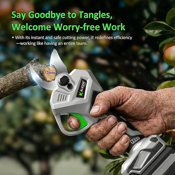 KLEZHI 1.26inch Cordless Electric Pruning Shears with Brushless Motor & LCD Display, 2×2000mAh Batteries for Home Garden, SK5 Steel Blades, Professional Branch Trimmer