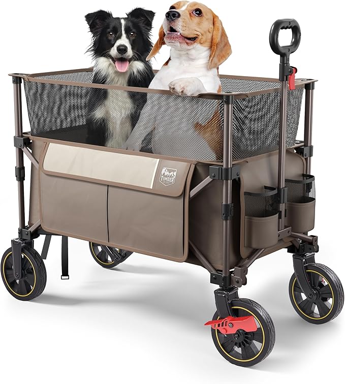 Timber Ridge 350L Extra Large Collapsible Folding Wagon Carts with Brake, Heavy Duty Outdoor Camping Utility Wagons with Extended Height, Adjustable Handle, Cup Holders, Side Bag(Tan)