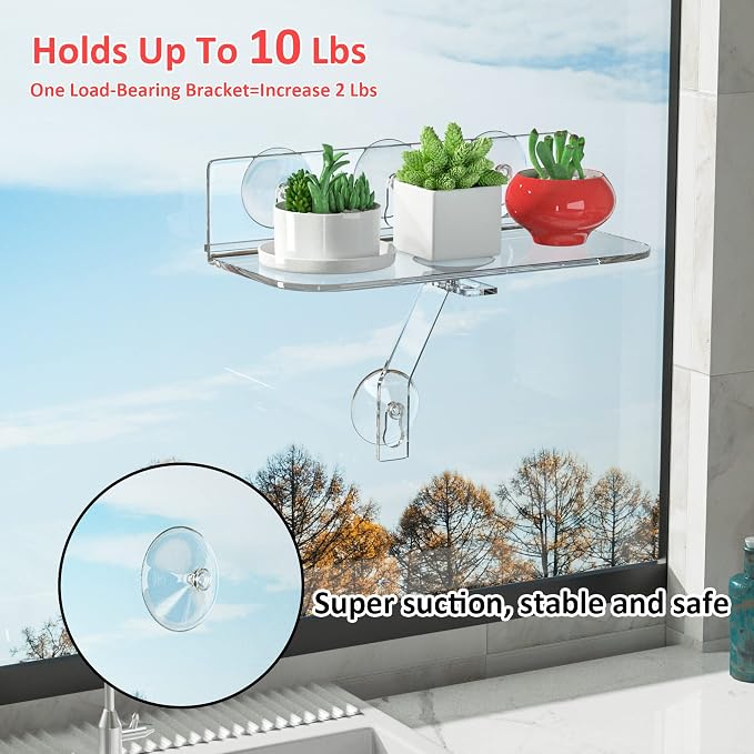 Clear Acrylic Windows Plant Shelves, 12 Inch Window Plant Stand with Legs, No Need Drilling Indoor Windows Suction Cup Shelf Wall Shelf for Plants, Home Décor, Toiletries(2 Pack)