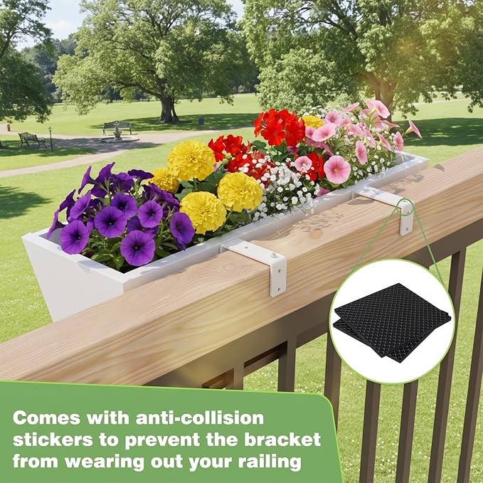 Railing Planter for Outdoor Plants 36'' Metal Hanging Flower Pot with Adjustable Brackets & Drainage Railing Planter Box Countryside Flower Plant Holder for Garden Yard Patio Balcony Deck Decor White
