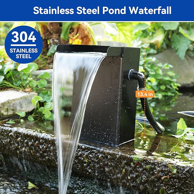 POPOSOAP 55W Pond Waterfall Spillway with Pond Pump, 304 Stainless Steel Waterfall Kit with 9.8FT Corrugated Tube Pond Waterfall Box, Pond Spillway for Outdoor Pond Waterfall Water Features-P5552H