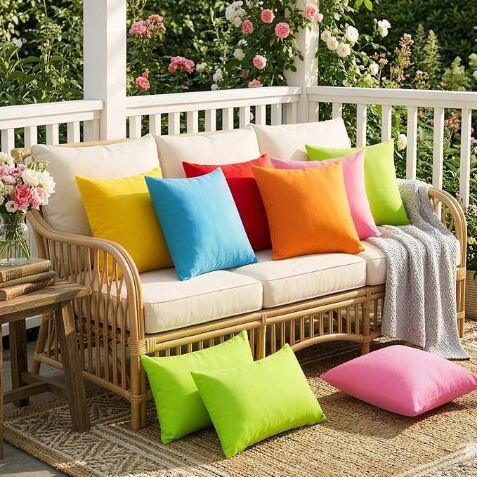 Lewondr Waterproof Outdoor Throw Pillow Cover, 2 Pack Solid PU Coating Lumbar Throw Pillow Case UV Protection Garden Cushion Cover for Patio Sofa Couch Balcony 12"x20"(30x50cm), Fluorescent Green