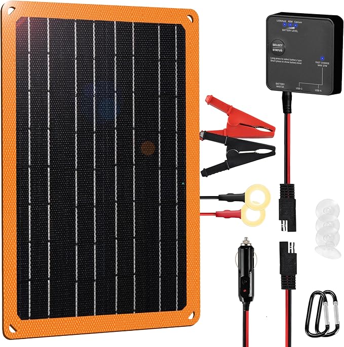 FieryRed 10W 12V Solar Panel Car Battery Charger & Maintainer, Waterproof Trickle Charger with Built-in Controller, Cig Plug, Alligator Clips, USB-C, USB-A Outputs for Car, Boat, RV, Tractor