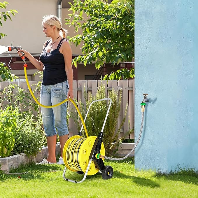 3ft Short Garden Hose with Female to Female Connector - Metal Leakproof Leader Hose for Hose Reel, Heavy Duty 304 Stainless Steel Flexible Hose for Outdoor Garden Watering Car Pet Cleaning