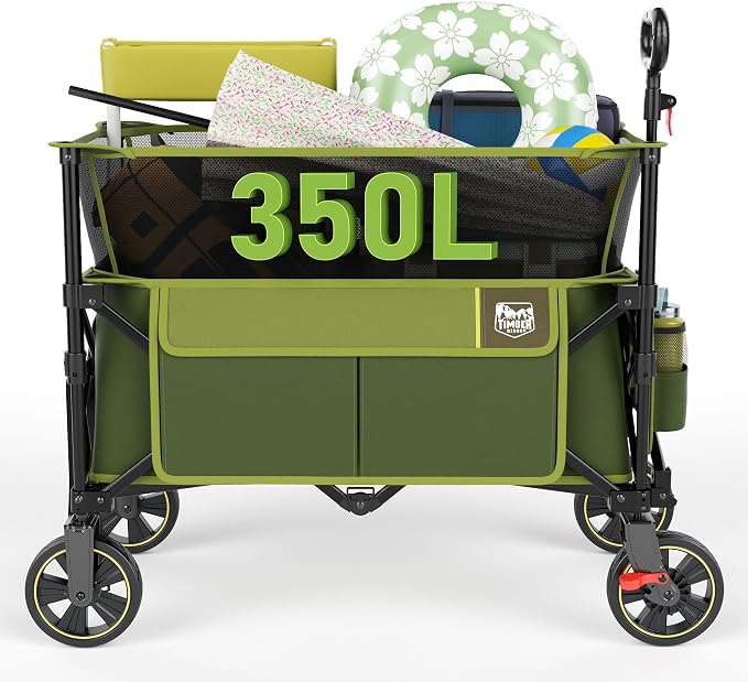 Timber Ridge Collapsible Folding Wagon 350L Extra Large with Brake, Heavy Duty Camping Utility Cart Outdoor, Extended Height Adjustable Handle, Cup Holders, Side Bag, Green