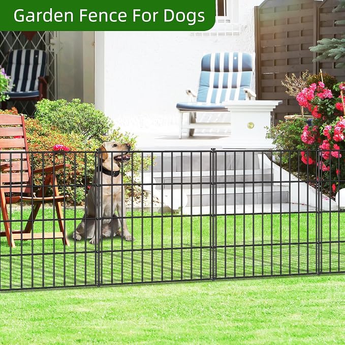 FOREHOGAR Metal Garden Fence 28in (H) x 35ft (L), 15 Panels + 16 Stakes Dog Fence Border Fence Animal Barrier, No Dig Garden Fencing for Yard Flower Bed Lawn Patio Outdoor, PIN282815 Black