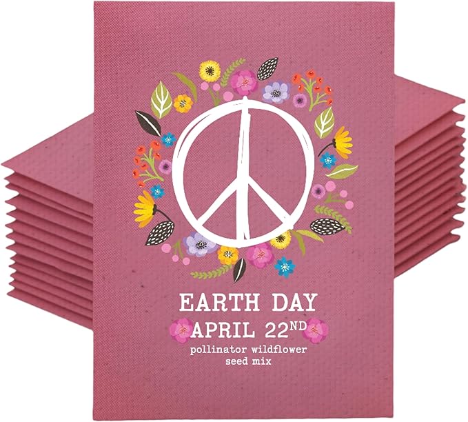 Earth Day Peace and Flowers - Wildflower Mix Seed Packets - 25 Seed Packs - Perfect Eco-Friendly Gift for Gardeners & Friends - Non GMO Seeds
