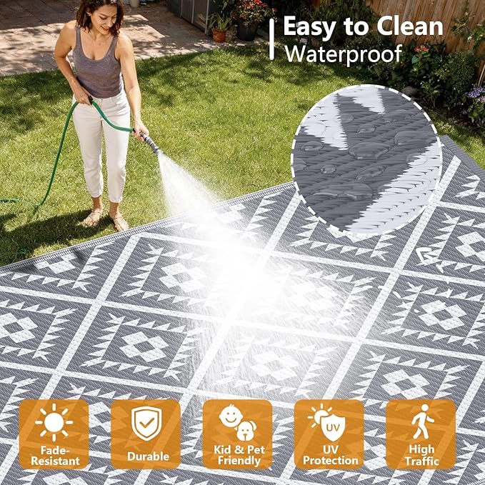 COOLTOP 8'x10’ Outdoor Rug for Patios Porches, Waterproof Plastic Camping Rugs, Modern Reversible Mat, Large Area Rugs for Backyard, Deck, RV, Balcony, Picnic, Beach, Grey & White