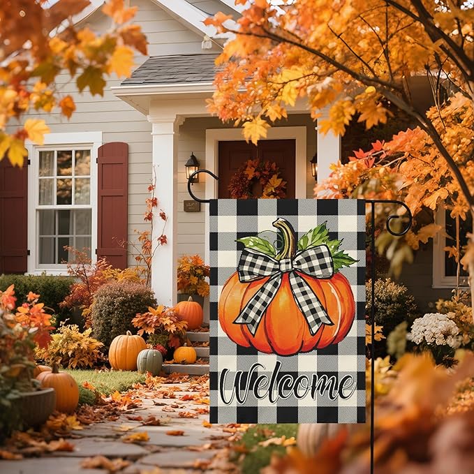 Fall Pumpkin Garden Flag 12x18 Inch Welcome Autumn Harvest Theme Thanksgiving Buffalo Plaid Decorative Yard Flags for Outside Double Sided Outdoor Home Farmhouse Decoration Porch Decor