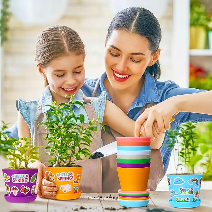 Domensi 30 Pack Garden Pot Craft Kit 4 Inch DIY Hello Spring Crafts for Kids Bulk Plastic Flower Plant Pot Plastic Planter with Tray Drainage Holes with Tag, Certificate of Award, Sticker