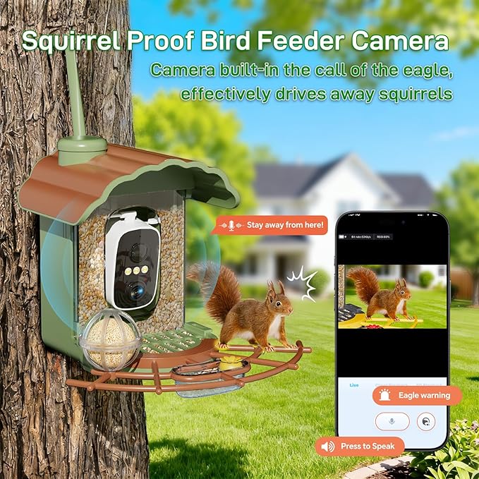 Smart Bird Feeder with Camera: Hummingbird Feeder with Solar Powered for Outdoors, Bird House with 2K HD Video & AI Bird Species Identification, Arrival Alerts, Gift for BirdLovers - Green