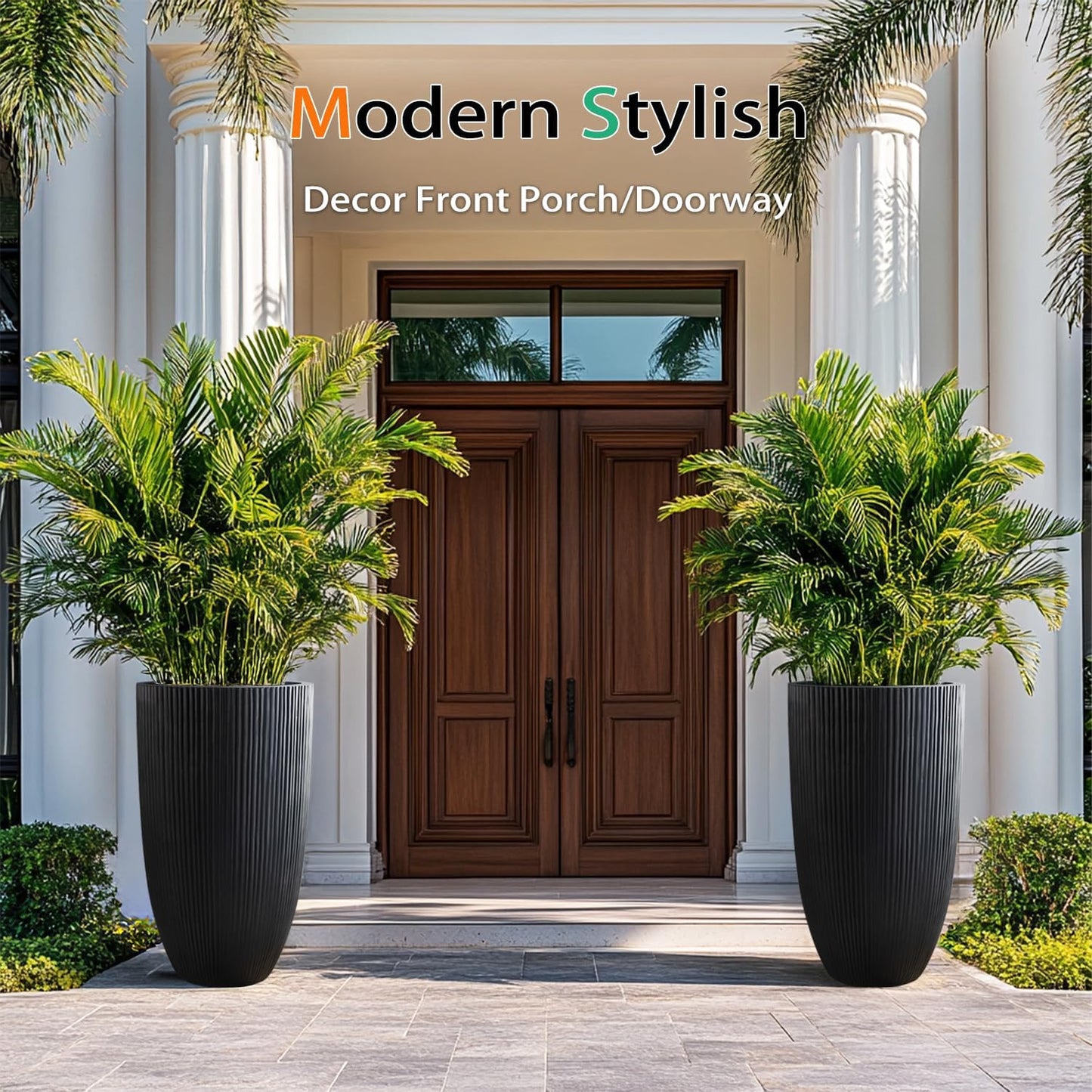 Tall Planters for Outdoor Plants, Large Concrete Flower Pots for Garden Front Porch, Patio, Indoor (Vertical Black, 24 inch)