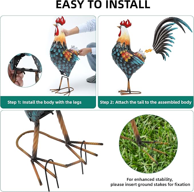 32" Metal Rooster Yard Decor, Large Outdoor Garden Statue | Outdoor Chicken Sculpture, 3D Hand-Painted, Rustic Farmhouse Style, Weather Resistant Iron, Backyard Patio Lawn Garden