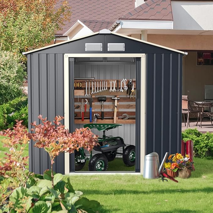 Goplus Outdoor Storage Shed, 7' X 4' Metal Garden Shed with 4 Vents & Double Sliding Door, Utility Tool Shed Storage House for Backyard, Patio, Lawn