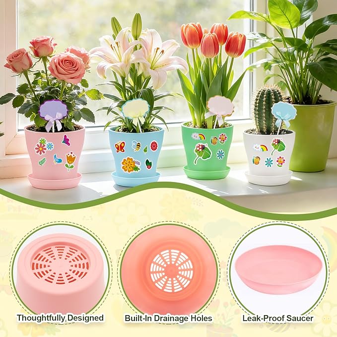 Garden Paper Pot Craft Kit, 36 Durable Resin Garden Pot with Tray Drainage Holes Adhesive Stickers and 40 Colorful Writable Cards, Flower Plant Spring Craft for Classroom DIY Flower Planting