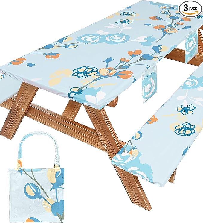 Picnic Table Cover with Bench Covers Waterproof Campsite Tablecloth Patio Backyard Camp Camping Kitchen Essentials Accessories Supplies Rv Cabin Gear Acampar Must Haves Table Cloth Camper Women Gifts
