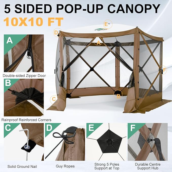COBIZI 10x10 FT Pop up Gazebo, Popup Canopy Tent,Screened in Gazebos with sidewalls,Waterproof Portable Outdoor Small Screen Tents Sun Shelter,carpas para Patio for Camping,Garden,Backyard,Brown