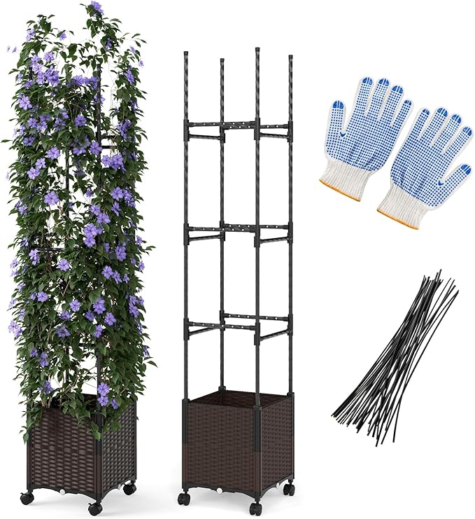 HAPPYGRILL 87" Raised Garden Bed w/Trellis, Self-Watering Planter Box w/ 3 Adjustable Heights, Lockable Wheels for Climbing Plants Flowers Vine, Indoor Outdoor Vertical Tomato Cage for Garden (1)