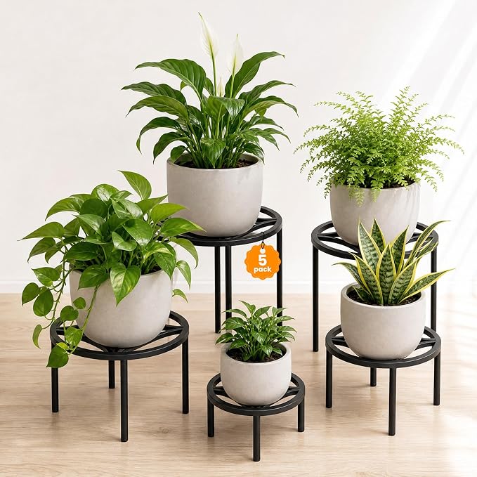 TOSKING 5-Pack Fully Assembled Heavy Duty Metal Plant Stands – Layered Indoor/Outdoor Display, Original Modern Geometric Flower Holder with Multiple Height Options, Rustproof, Adjustable Feet, 150-220 LBS Capacity, Sturdy & Durable for Outdoor, No Inst...