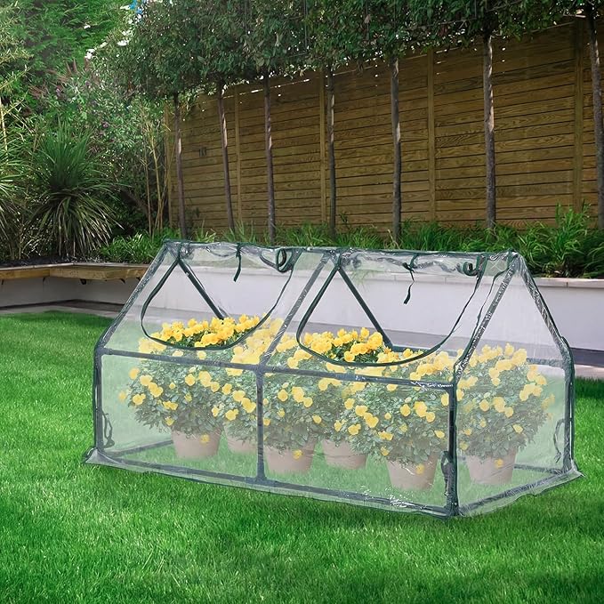 BPS 4x2x2 ft Mini Greenhouse with Transparent PVC Cover UV-Protected Roll-Up Zipper Windows, Ideal for Indoor or Outdoor Use on Raised Garden Beds