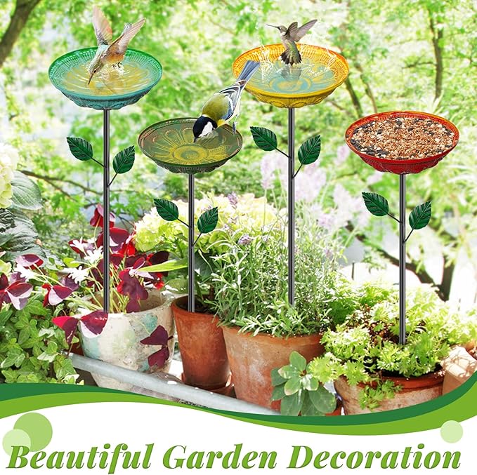 4PCS Metal Bird Bath for Outdoors with Stake, 2-in-1 Hummingbird Bird Bath & Bird Feeder, Metal Birdbath Bowl, Outdoor Bird Bath Decor for Garden Yard Lawn Backyard Patio (Datura)