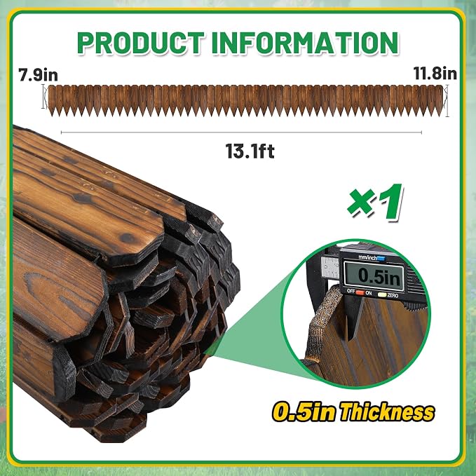 Wooden Garden Edging - 13.1ft x 11.8in Pine Landscape Border, Flexible Weather-Resistant Fences for Decorate Spring Outdoor Patio Yard Lawn Flower Beds