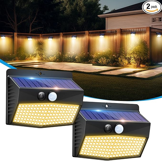 Solar Motion Sensor Outdoor Lights [138 LED/2 Packs] Solar Security Light Outdoor with 3 Lighting Modes Solar Powered Lights Waterproof for Outside Wall Garden Fence Backyard Deck, Warm White