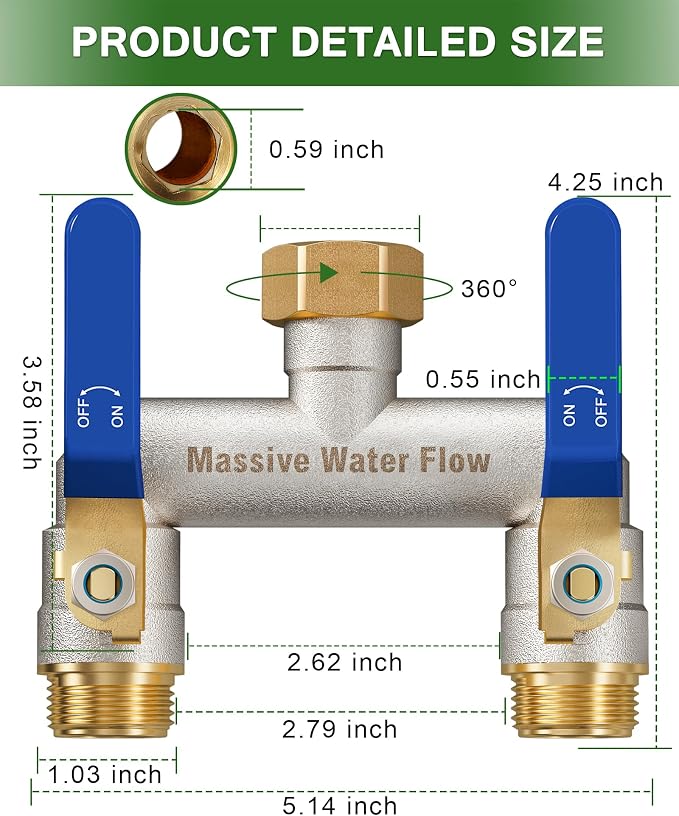 Hose Splitter 2 Way Heavy Duty, Garden Hose Splitter with 304 Stainless Steel Long Handle, Full Flow Brass Nickel Plated Water Hose T Spigot Splitter Adapter Connector, 3/4 - Inch GHT Thread (Blue)