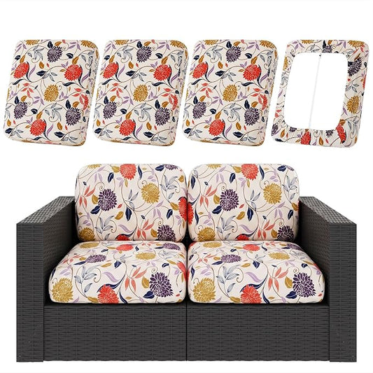 hyha 4Pcs Patio Cushion Covers, Stretch Outdoor Couch Cushion Covers, Washable Outdoor Chair/Sofa Slipcovers for Patio Furniture Cushions Protector with Elastic Bottom(Flower Vine,Cover Only)