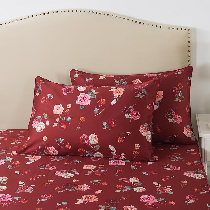 FADFAY Red Rose Sheets Set King Vintage Rose Floral Bedding Chic Rose Flower Bed Sheets Shabby Farmhouse Bedding 100% Percale Egyptian Cotton 800 Thread Count Deep Pocket Fitted Sheet 4Pcs, King Size