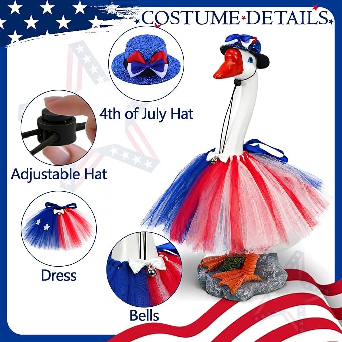 Porch Goose Statue with 4th of July Outfits - 19.5" Garden Resin Goose Decorative Figurine Cute Sculpture Indoor Outdoor Independence Day Decoration for Patio Lawn Yard Balcony Decor