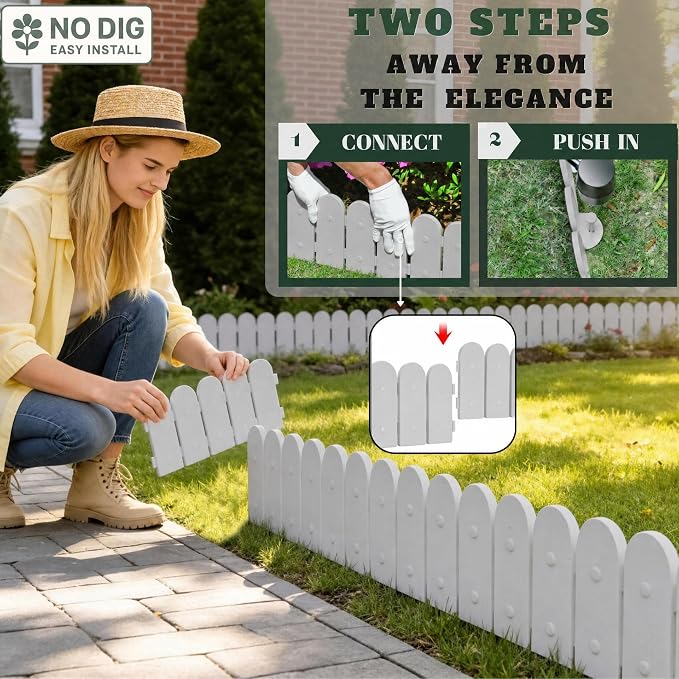 Evelyne Garden Border Plastic Edging: Wooden Fence Design - 8pcs Gray Yard Landscaping Fence Liner Lawn Edge Barrier - 10ft Kit of Decorative Lawn Panels Elements -Landscaping Edging-GMT-10374-E08