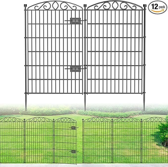12 Panel No Dig Decorative Garden Fence with Gate - 42in H x 25.67 ft L, Tall Animal Barrier for Dogs Rabbits, Rustproof Metal Wire Panels for Yard, Patio, and Outdoor Border Use