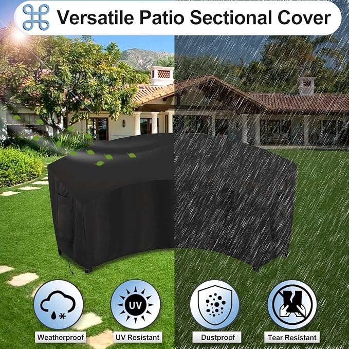 OutdoorLines Waterproof Curved Outdoor Sectional Cover - UV Resistant Windproof Patio Sectional Sofa Covers for Deck, Lawn and Backyard, Heavy Duty Furniture Covers (90Lx34Dx32Hx46FL, Black)
