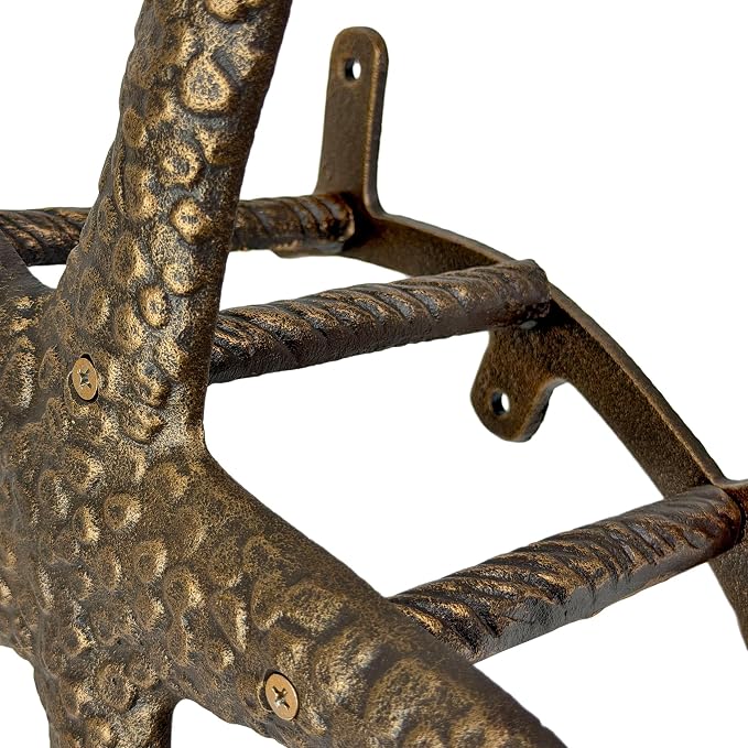 Zeckos 12 Inch Cast Iron Starfish Garden Hose Holder, Bronze Coastal Wall Mounted Hose Hanger with Matching Hardware for Outdoor Yard, Beach House, Garden or Patio Decor