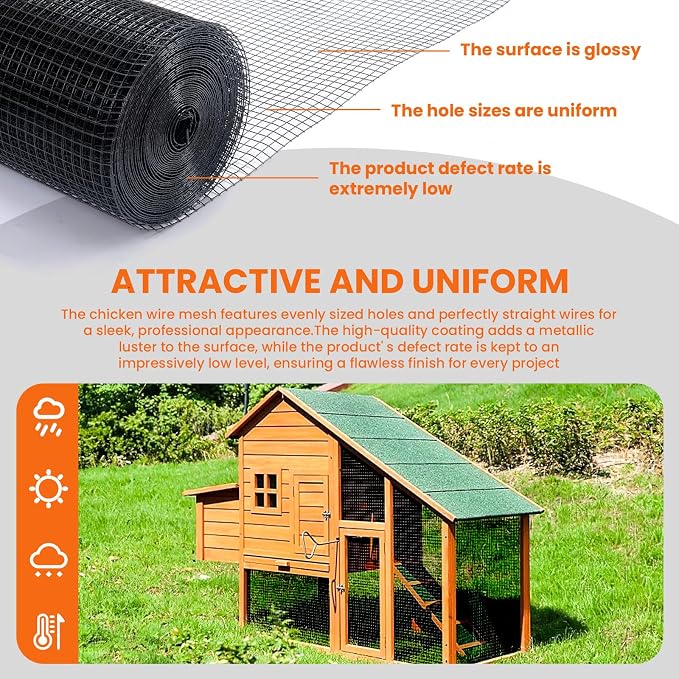 Hardware Cloth 1/2 inch 48 x 50 ft 19 Gauge, Vinyl Coated Black Hardware Cloth, Welding Chicken Wire Wesh, Chicken Wire Fencing, Wire Fence Roll for Home and Garden Projec