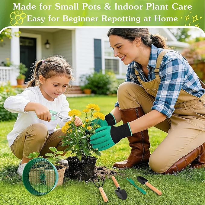 Gardening Tool Set, 18PCS Bonsai Tool Set for Succulents, Herbs & Indoor Plants, Mini Garden Tools with Repotting Mat, Gloves, Pruner, Plant Ties & Labels, Garden Starter Kit for Beginners