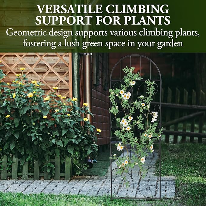 MyGift Decorative Garden Trellis, Separable and Assembled Deluxe Garden Fence, Vintage Pattern Design Matte Black Metal Wire Outdoor Climbing Plant Trellis for Ivy, Roses, and Vines