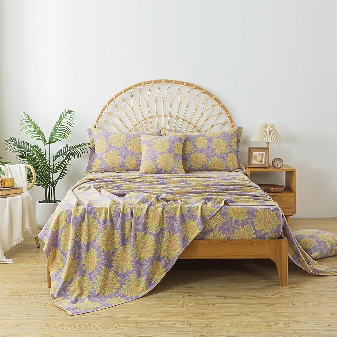 FADFAY Sunflower Sheets Set Queen Vintage Yellow Purple Floral Bedding Shabby Farmhouse Bedding Super Soft Washed Double -Layer Muslin Sheets 100% Cotton Deep Pocket Fitted Sheet 4Pcs, Queen Size
