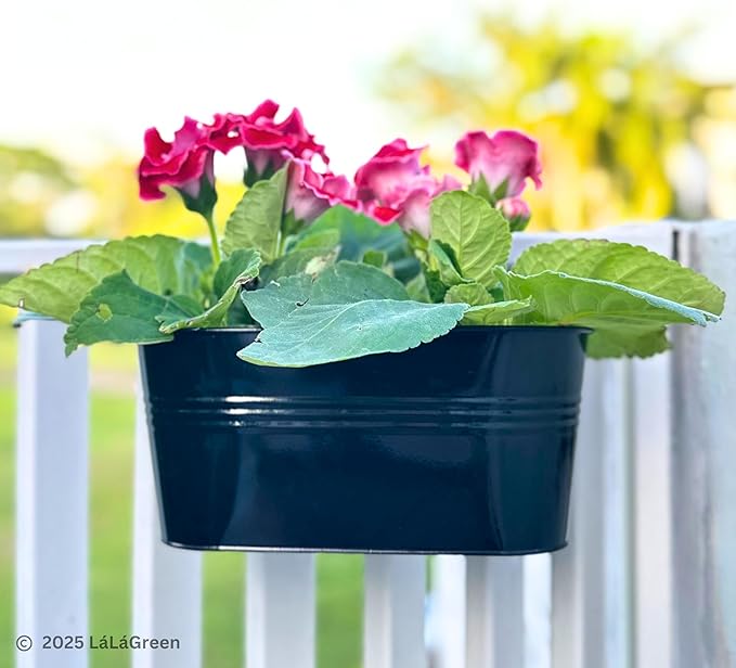LaLaGreen Outdoor Plants Rail Planter (16 Inch, 4 Pack) Black Metal Iron Hanging Flower Pots Deck Railings Fence Buckets Modern Boho Style Wall Mount Window Boxes Plant Holder Hooks Porch Home Decor