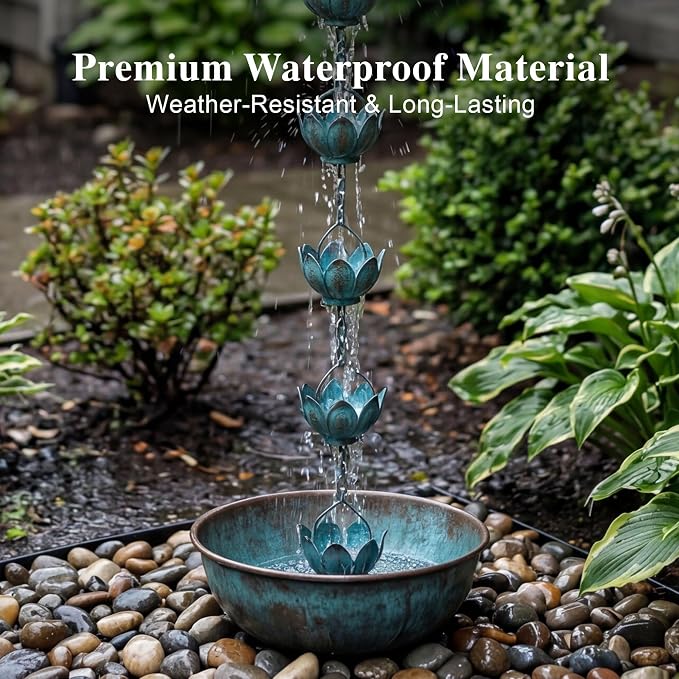Topadorn Lotus Rain Chain for Gutters, 8.5 FT Decorative Metal Rain Chain with 12 Lotus Cups, Turquoise Patina Downspout Alternative for Garden Patio Yard Decor