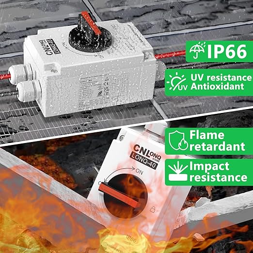 CNLONQ Solar PV Disconnect Switch 32A DC1500V Rapid Shutoff Isolator Switch 4P 1 or 2 Strings with IP66 Waterproof Enclosure for Rooftop Solar Systems, RVs and Boats
