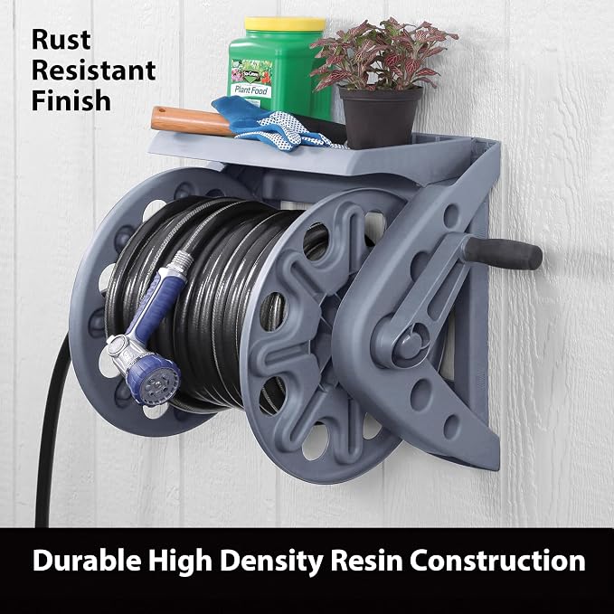 Liberty Garden Products Basics 512 Wall Mounted Hose Reel with Shelf Gray