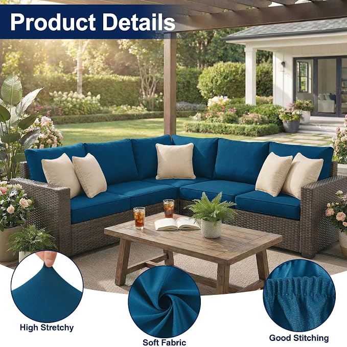 Smiry Waterproof Patio Cushion Covers, Stretch Outdoor Couch Slipcovers Replacement Washable Furniture Protector Sofa Chair Seat Cover for Dogs and Pets (8 Pcs, Peacock Blue)